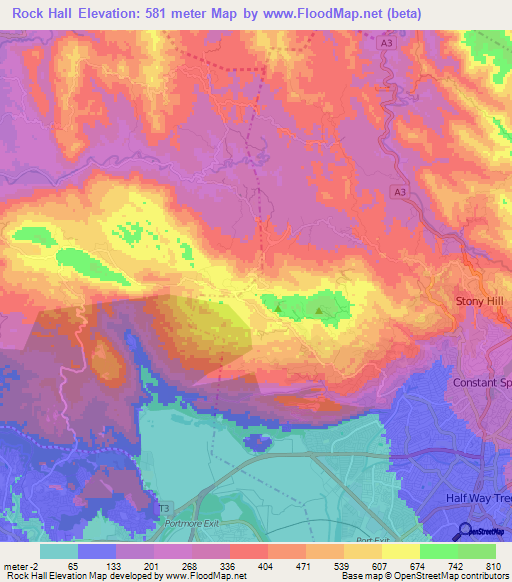 Rock Hall,Jamaica Elevation Map