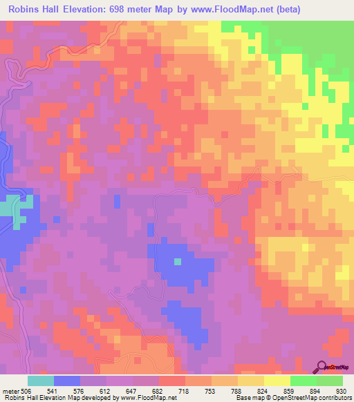 Robins Hall,Jamaica Elevation Map