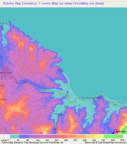 Robins Bay,Jamaica Elevation Map