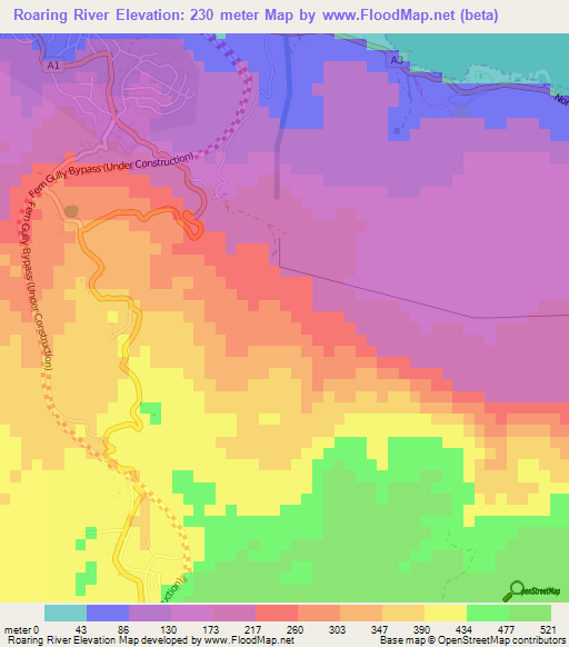 Roaring River,Jamaica Elevation Map