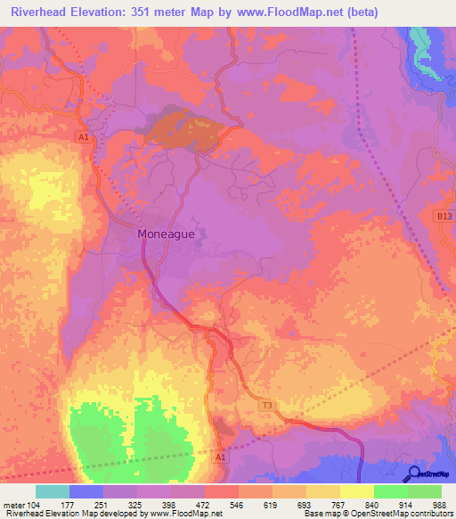 Riverhead,Jamaica Elevation Map