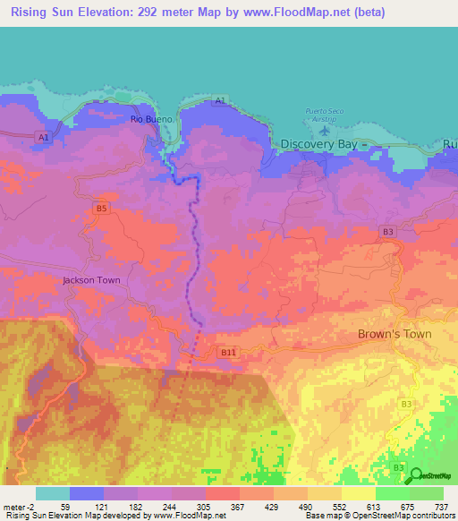 Rising Sun,Jamaica Elevation Map