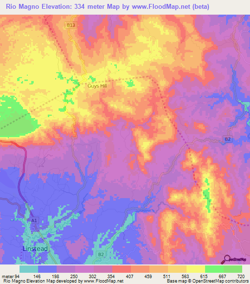 Rio Magno,Jamaica Elevation Map
