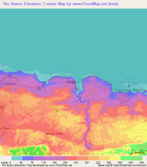 Rio Bueno,Jamaica Elevation Map