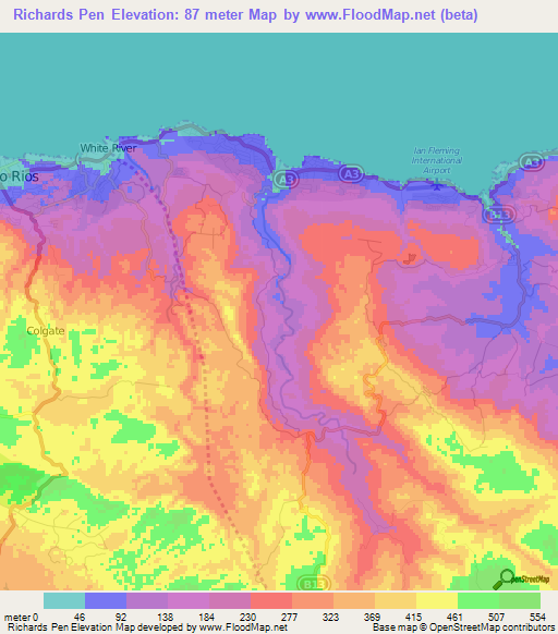 Richards Pen,Jamaica Elevation Map