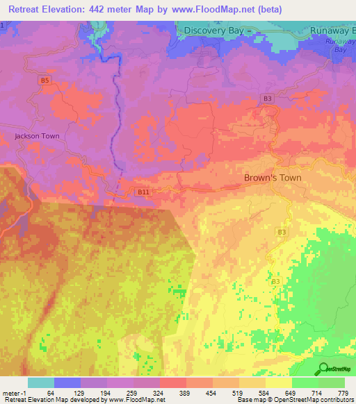 Retreat,Jamaica Elevation Map