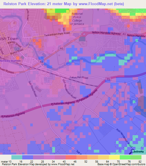 Relston Park,Jamaica Elevation Map