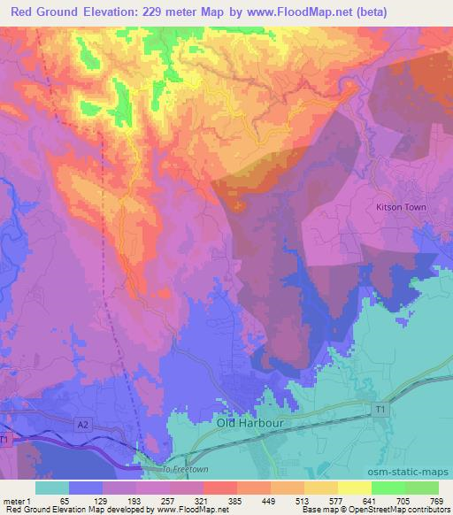 Red Ground,Jamaica Elevation Map