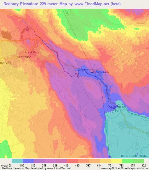 Redbury,Jamaica Elevation Map