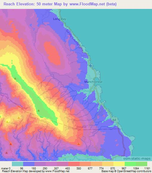 Elevation of Reach,Jamaica Elevation Map, Topography, Contour
