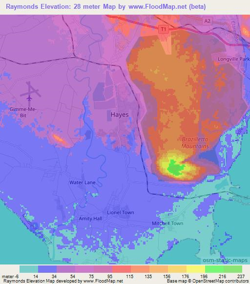 Raymonds,Jamaica Elevation Map