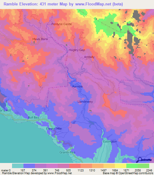 Ramble,Jamaica Elevation Map