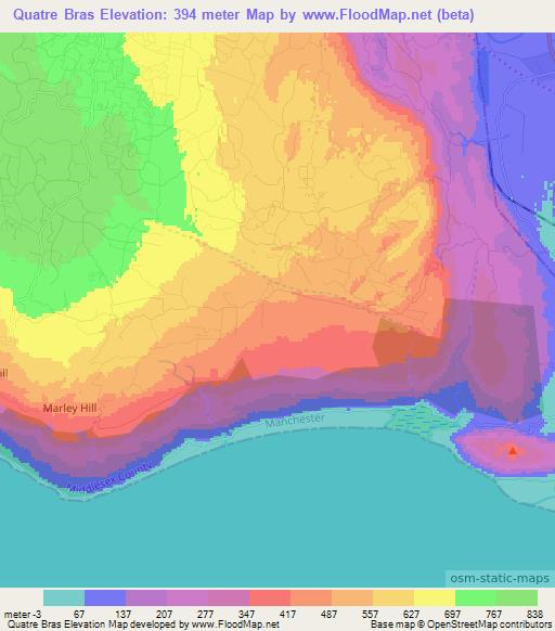 Quatre Bras,Jamaica Elevation Map
