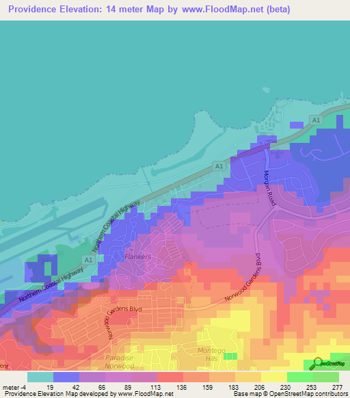 Providence,Jamaica Elevation Map