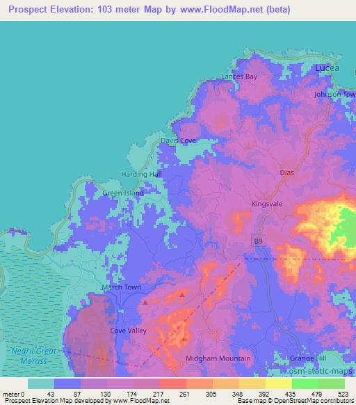 Prospect,Jamaica Elevation Map