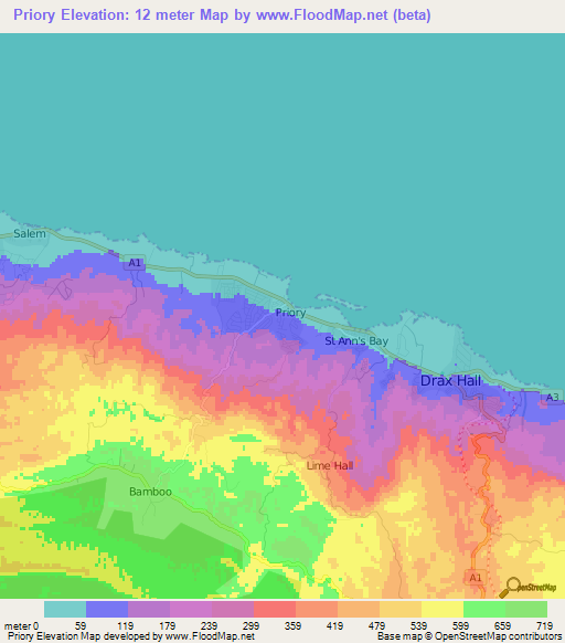 Priory,Jamaica Elevation Map