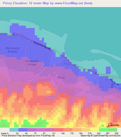 Priory,Jamaica Elevation Map