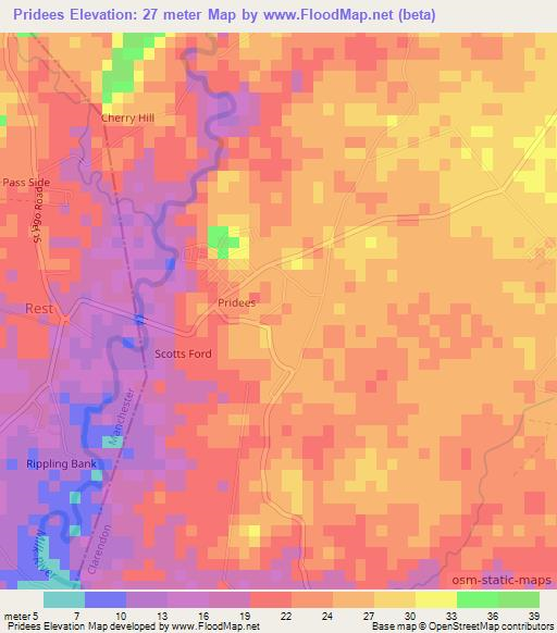 Pridees,Jamaica Elevation Map