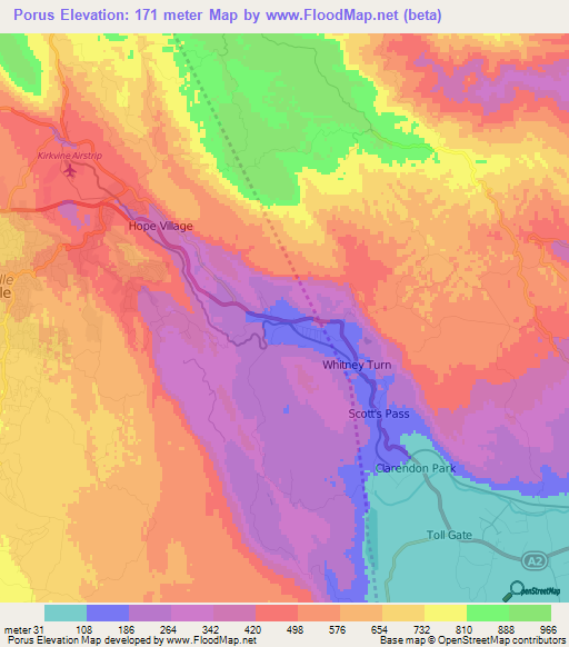 Porus,Jamaica Elevation Map