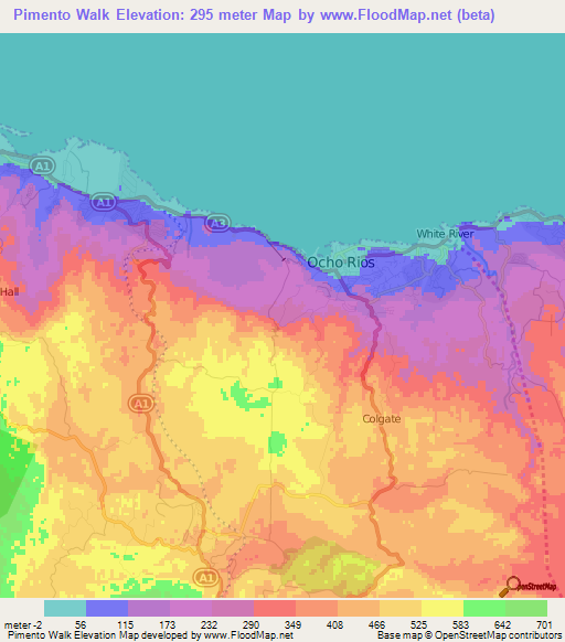 Pimento Walk,Jamaica Elevation Map