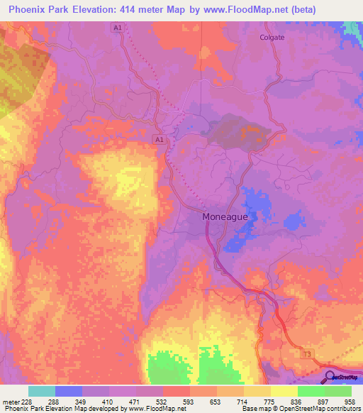 Phoenix Park,Jamaica Elevation Map