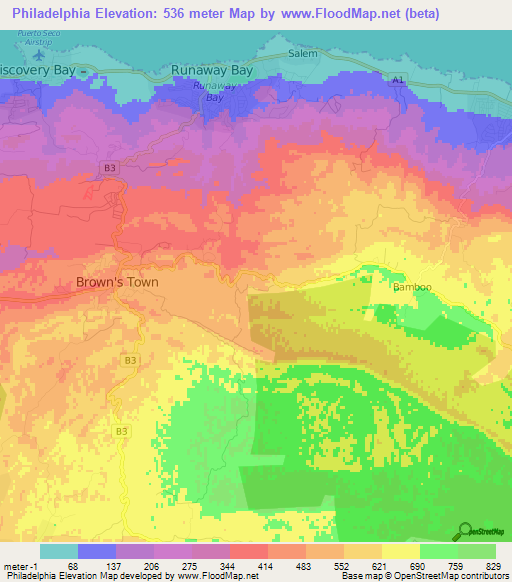 Philadelphia,Jamaica Elevation Map