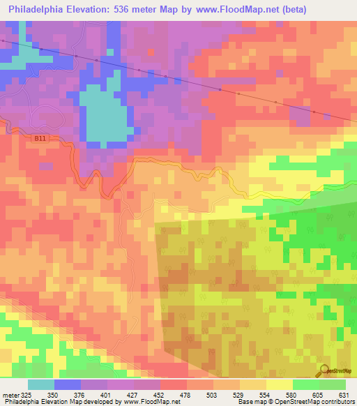 Philadelphia,Jamaica Elevation Map