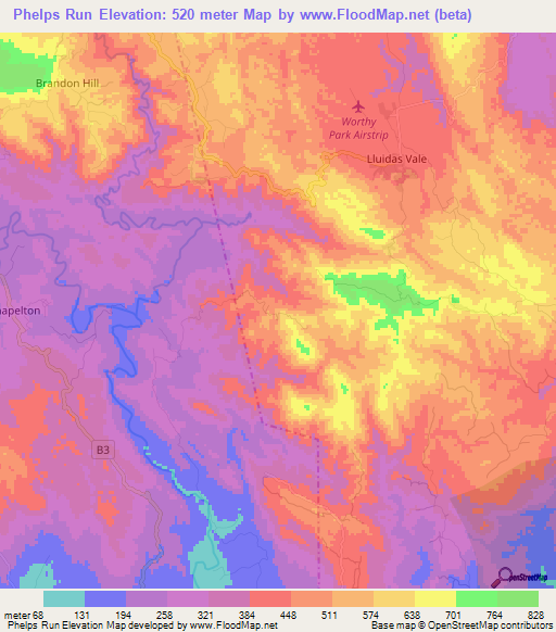 Phelps Run,Jamaica Elevation Map