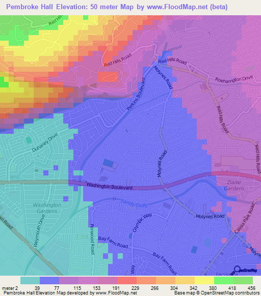 Pembroke Hall,Jamaica Elevation Map