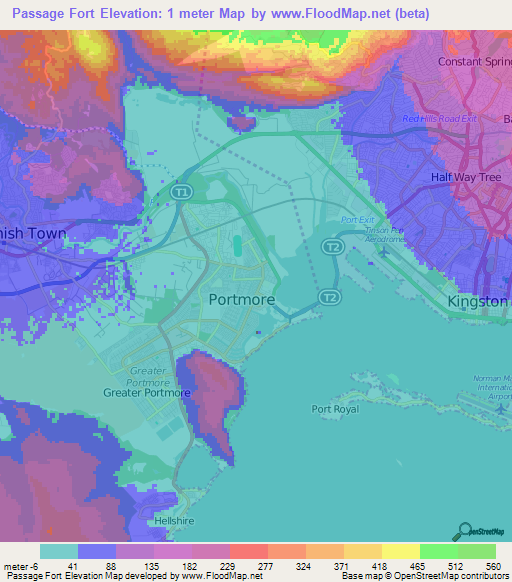 Passage Fort,Jamaica Elevation Map