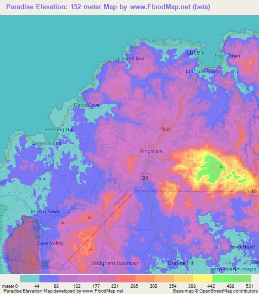 Paradise,Jamaica Elevation Map