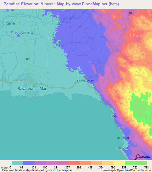 Paradise,Jamaica Elevation Map