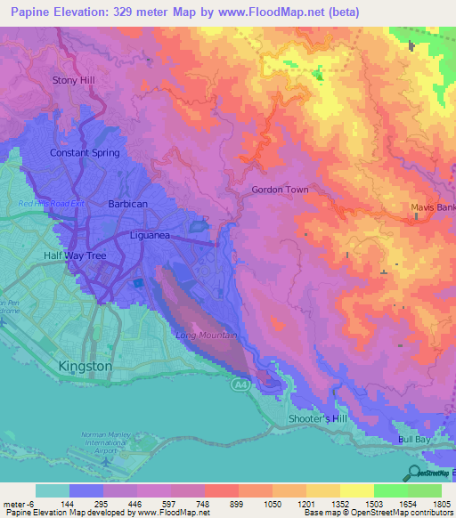Papine,Jamaica Elevation Map