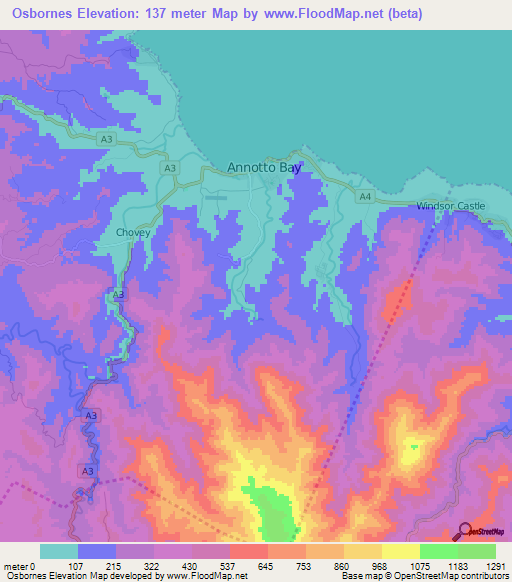 Osbornes,Jamaica Elevation Map