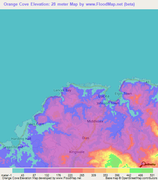 Orange Cove,Jamaica Elevation Map