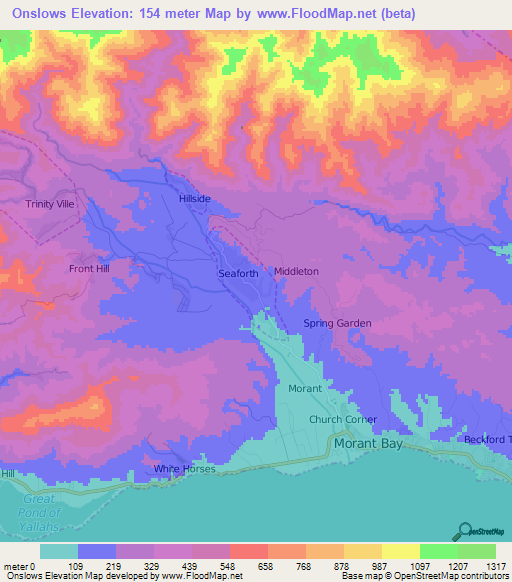 Onslows,Jamaica Elevation Map