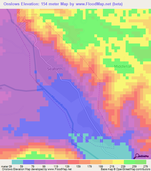 Onslows,Jamaica Elevation Map