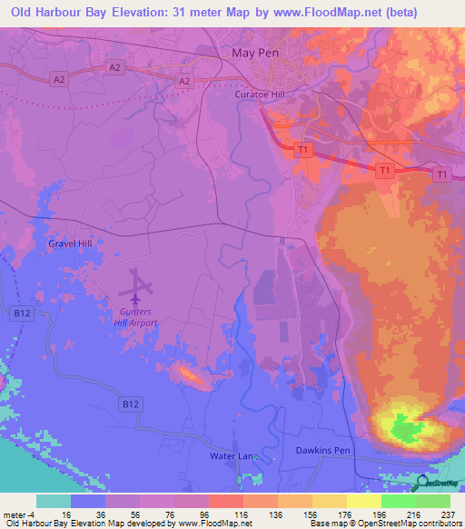 Old Harbour Bay,Jamaica Elevation Map
