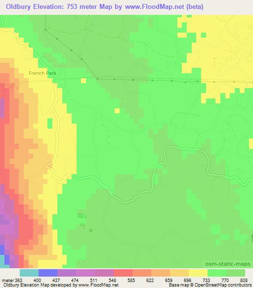 Oldbury,Jamaica Elevation Map