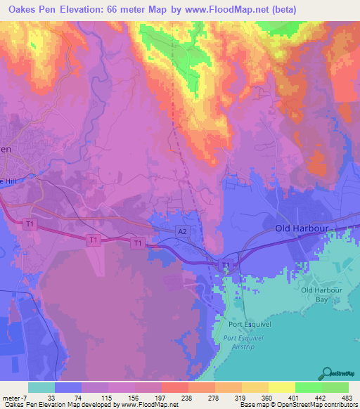 Oakes Pen,Jamaica Elevation Map