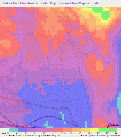 Oakes Pen,Jamaica Elevation Map