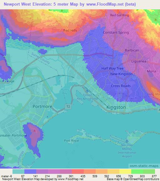 Newport West,Jamaica Elevation Map