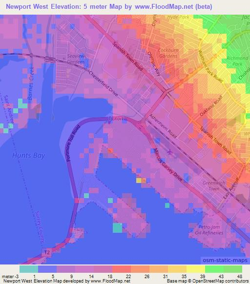 Newport West,Jamaica Elevation Map