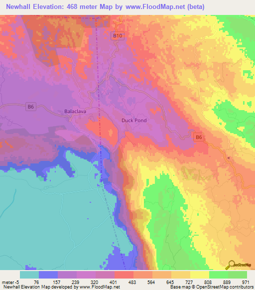 Newhall,Jamaica Elevation Map