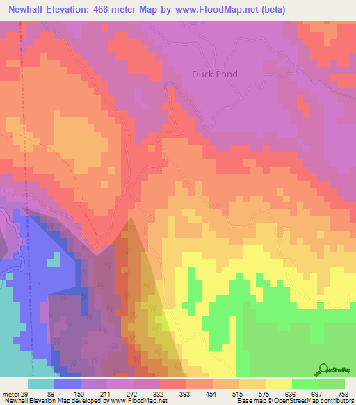 Newhall,Jamaica Elevation Map