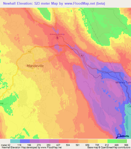 Newhall,Jamaica Elevation Map