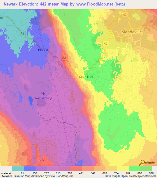 Newark,Jamaica Elevation Map