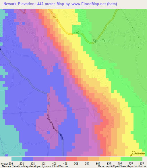 Newark,Jamaica Elevation Map