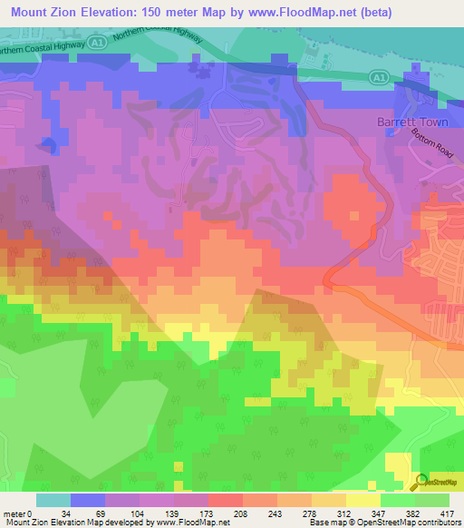 Mount Zion,Jamaica Elevation Map