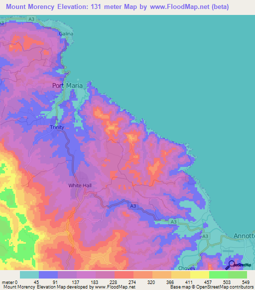 Mount Morency,Jamaica Elevation Map